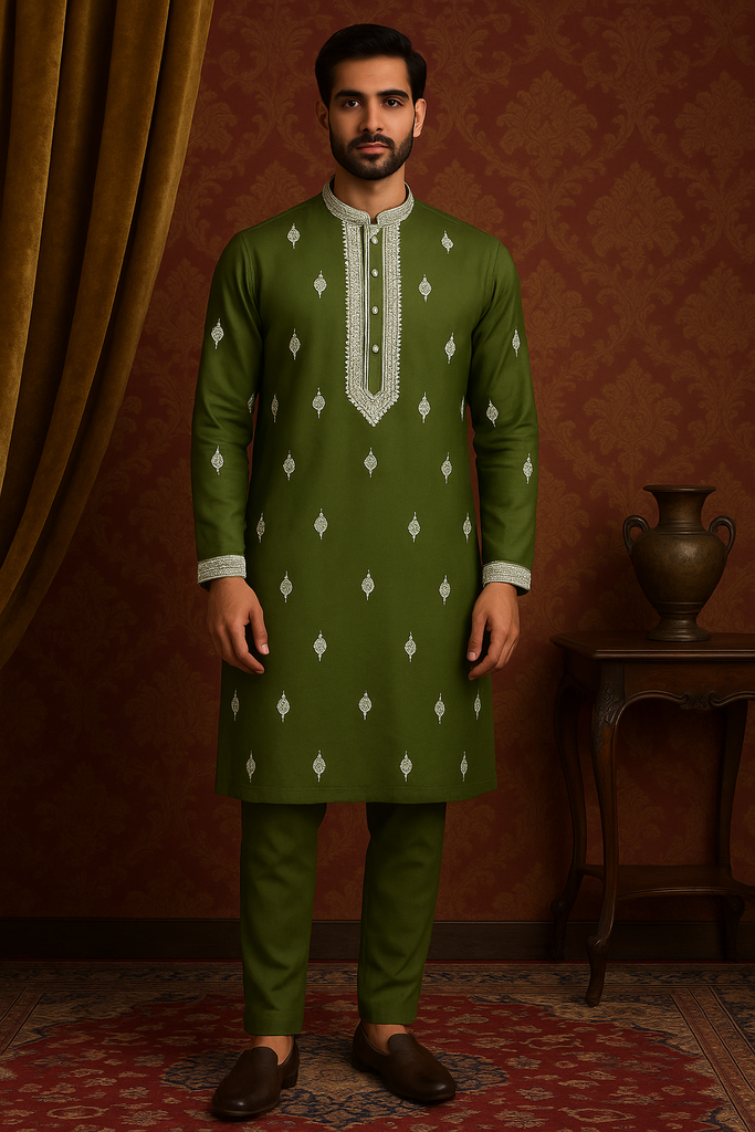 Front view of a men’s olive green embroidered kurta set with intricate white thread embroidery on the neckline and sleeves, paired with matching green pants, styled in a royal background